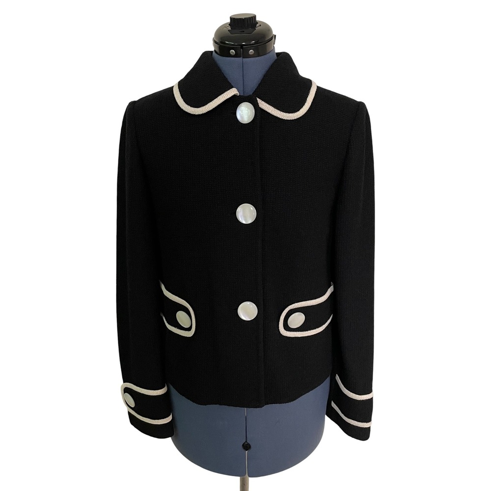 St. John Black Ivory Santana Knit Jacket Blazer Pearl Buttons Mod Luxury Regal 4